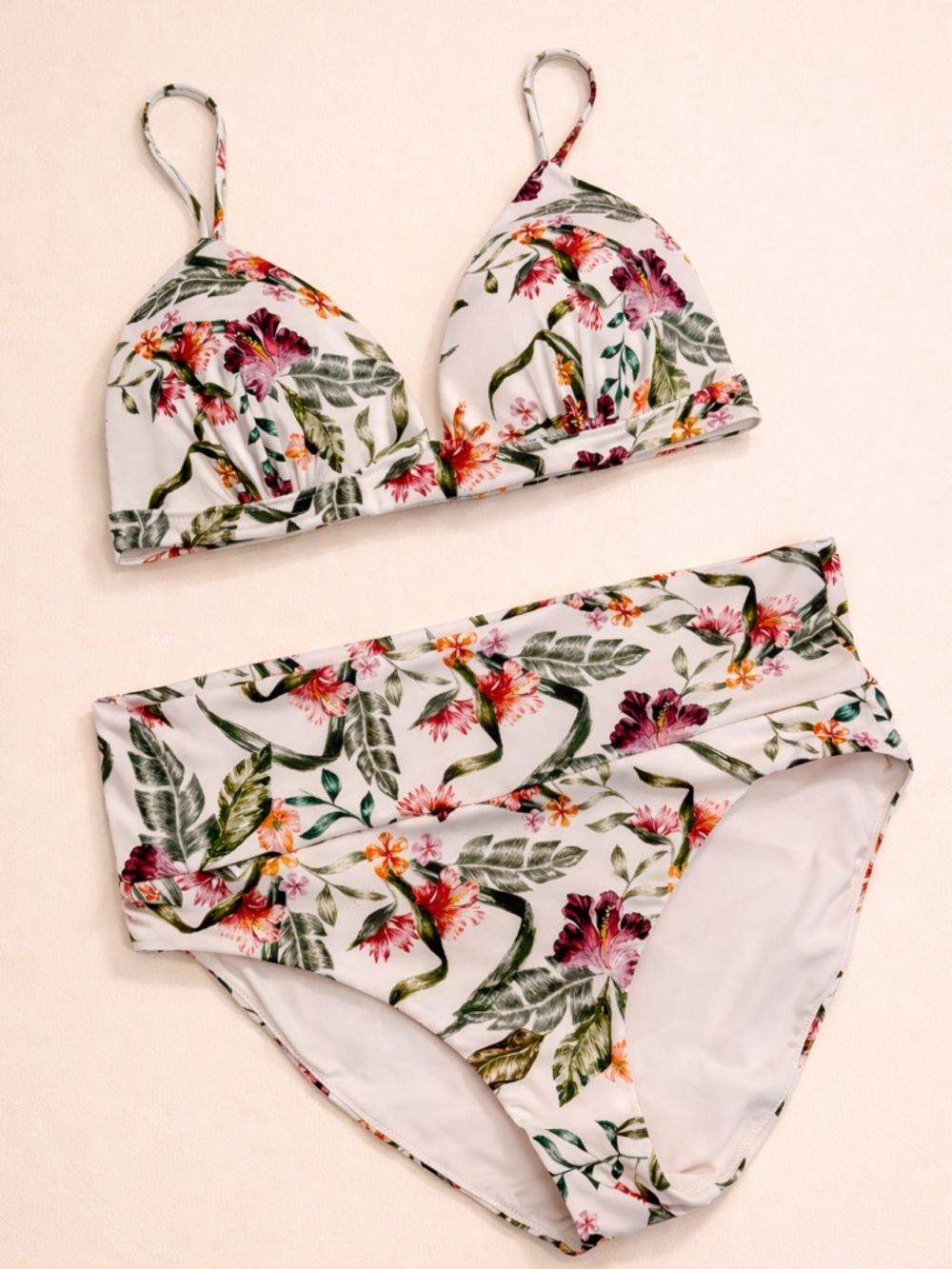 New H&M Women’s High Waisted White Floral Two-Piece Bikini w/ adjustable straps